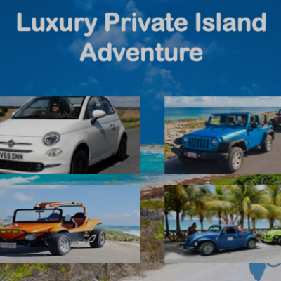 Collage of cars on a tropical island with 'Luxury Private Island Adventure' text above.