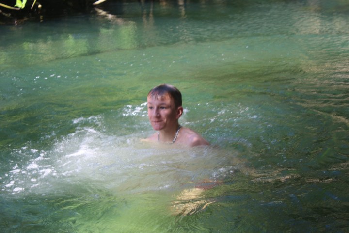 Person swimming in clear green water with surrounding trees.