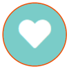 White heart icon in a blue circle with an orange border.